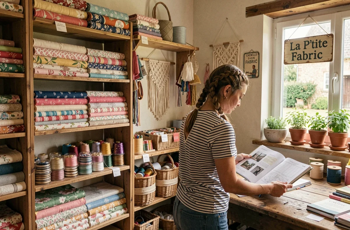 Intérieur de La P'tite Fabric à Chemillé-en-Anjou avec des rouleaux de tissus artisanaux et une cliente feuilletant des patrons