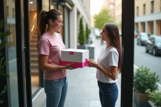 Femme recevant un colis SHEIN de la part d'un livreur devant la porte de son appartement