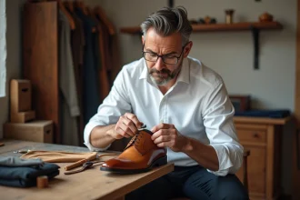 Homme appliquant de la teinture sur une chaussure en cuir