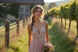 Femme portant une robe cocktail fleurie bohème dans un vignoble champêtre pour un mariage en plein air
