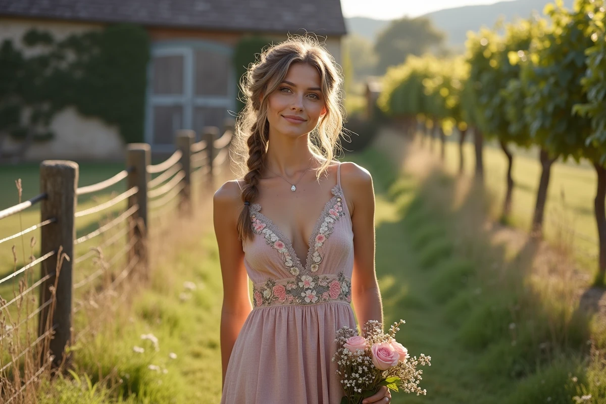 Femme portant une robe cocktail fleurie bohème dans un vignoble champêtre pour un mariage en plein air