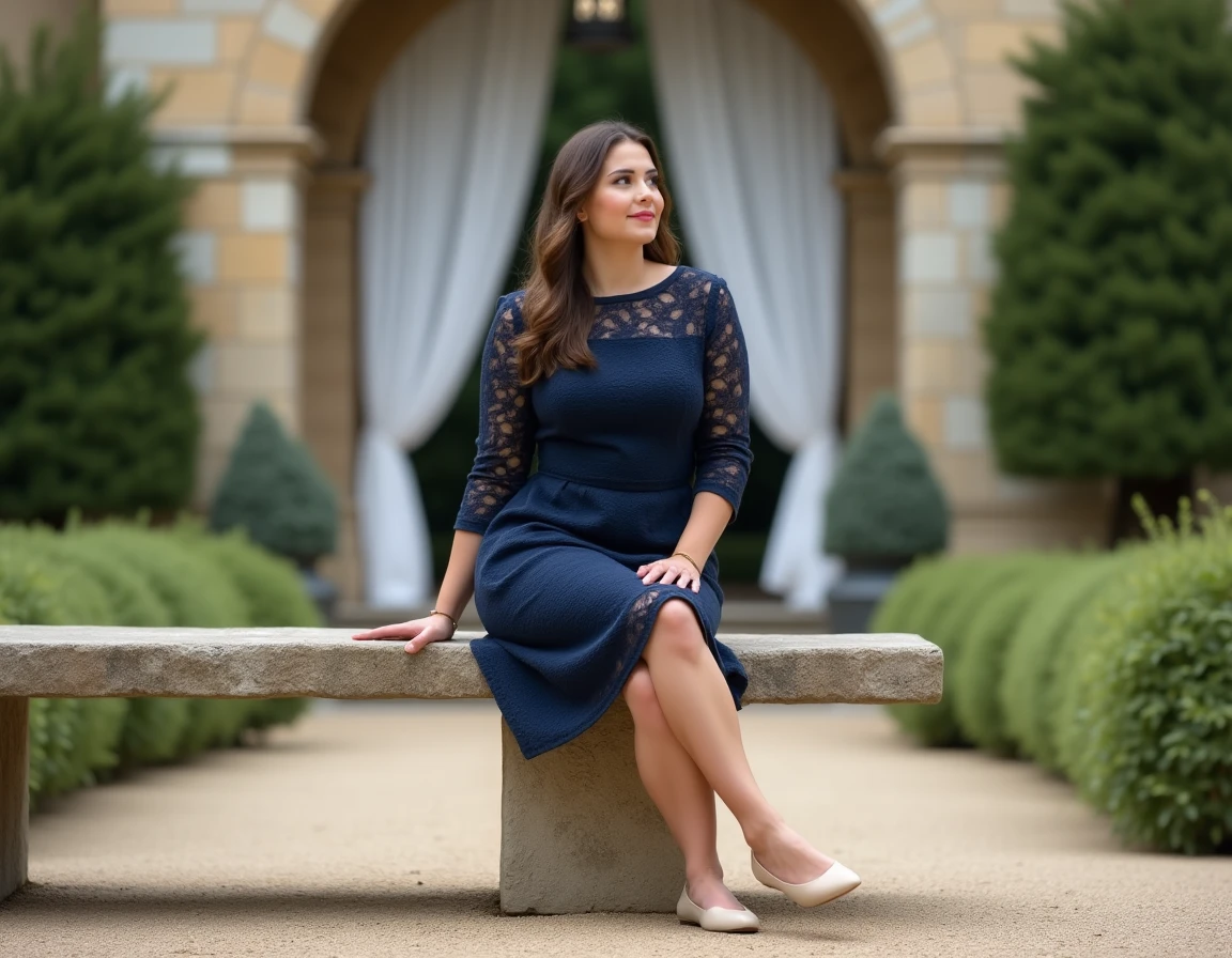Femme petite et ronde assise en robe en dentelle bleu marine avec ballerines plates dans la cour d'un château pour un mariage chic