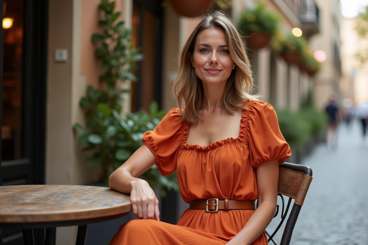 Femme assise en terrasse portant une robe fluide rouille avec ceinture en cuir et encolure carrée à volant dans une rue pavée européenne
