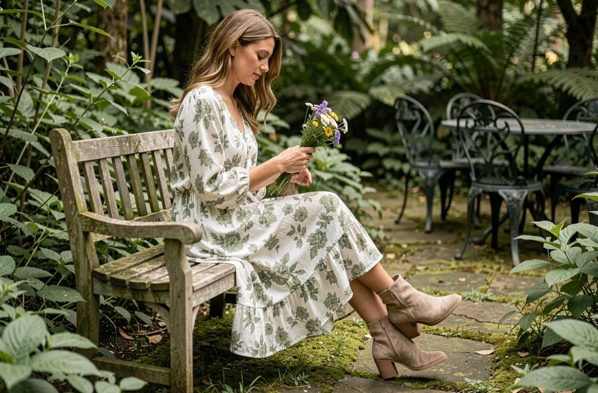Femme en robe longue fleurie blanche et vert sauge avec bottines suédées beige dans un jardin botanique
