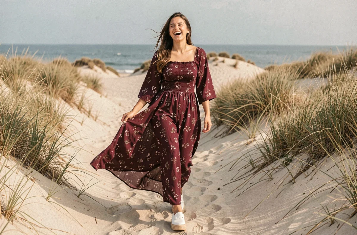 Femme en robe longue fleurie bordeaux et espadrilles blanches plateforme sur chemin de dune côtière