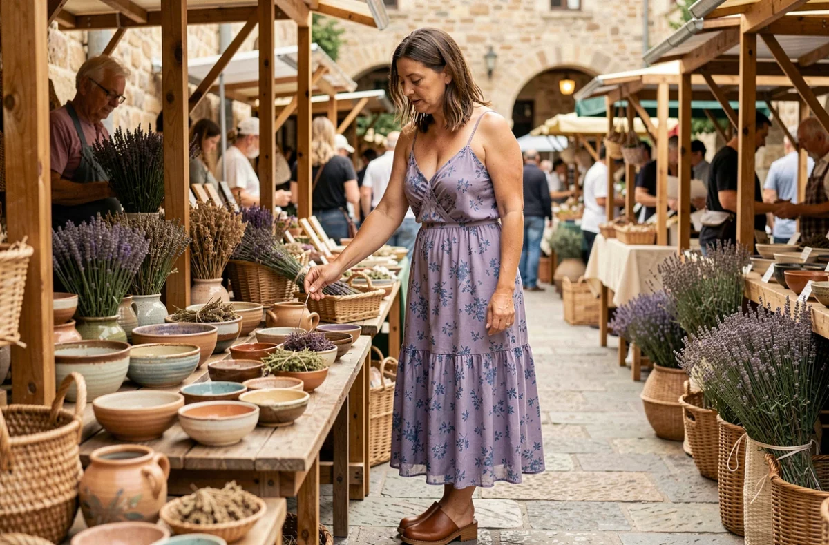 Femme en robe longue fleurie lavande avec mules en cuir cognac à marché provençal bohème