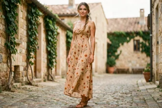 Femme en robe longue fleurie bohème avec sandales en cuir camel sur chemin pavé provençal