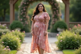 Femme petite et ronde portant une robe midi à fleurs pour un mariage en extérieur, sans talons sur un chemin de jardin