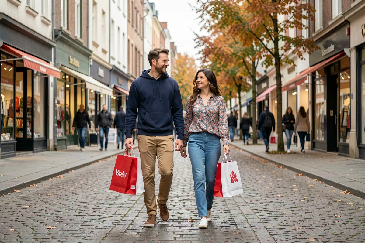 Couple en tenue décontractée et abordable portant des sacs shopping dans une rue commerçante en automne
