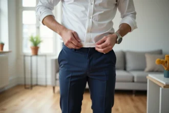 Homme portant un slip kangourou discret sous un pantalon habillé bleu marine, silhouette lisse sans marque visible