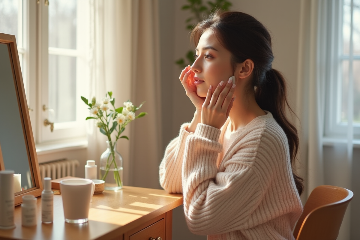 Femme appliquant crème visage dans un cadre cosy
