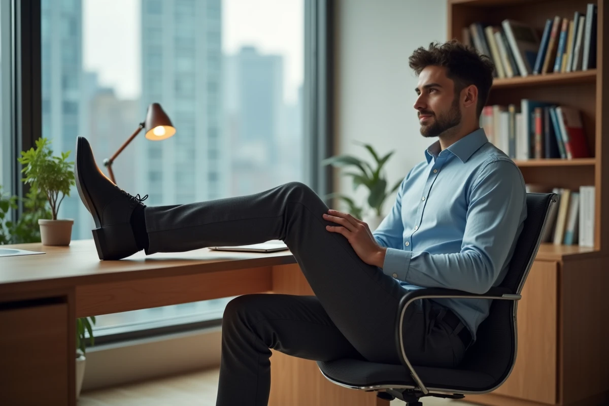 Homme assis au bureau en pantalon gris habillé avec un sous-vêtement kangourou invisible, silhouette nette et professionnelle