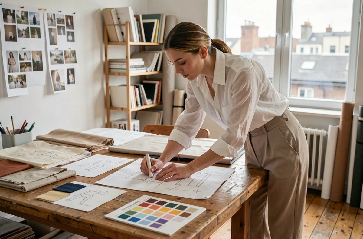 Styliste en train de concevoir une collection de mode rapide dans un atelier créatif moderne inspiré du modèle Zara