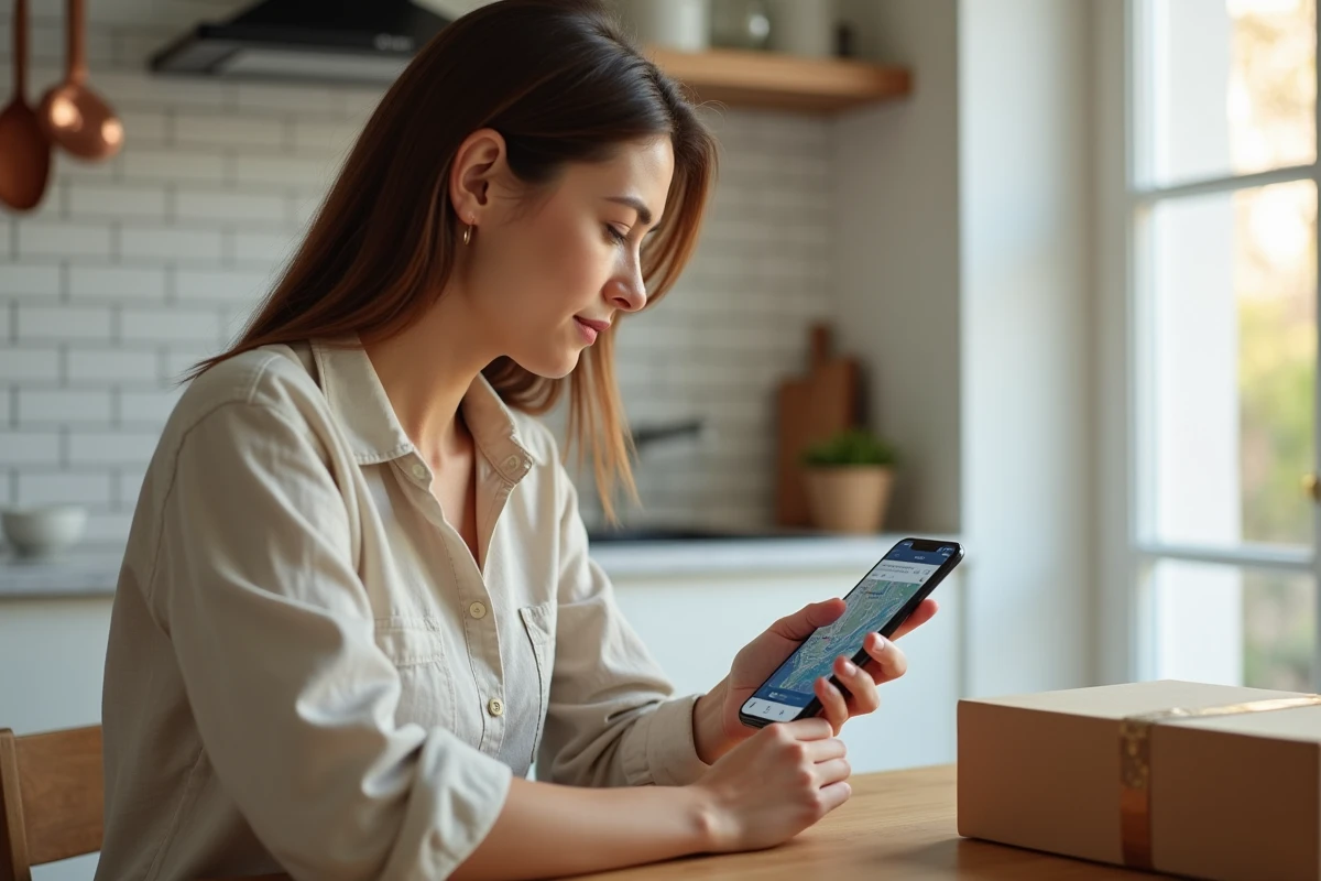 Femme suivant la livraison de son colis SHEIN sur son smartphone depuis sa cuisine