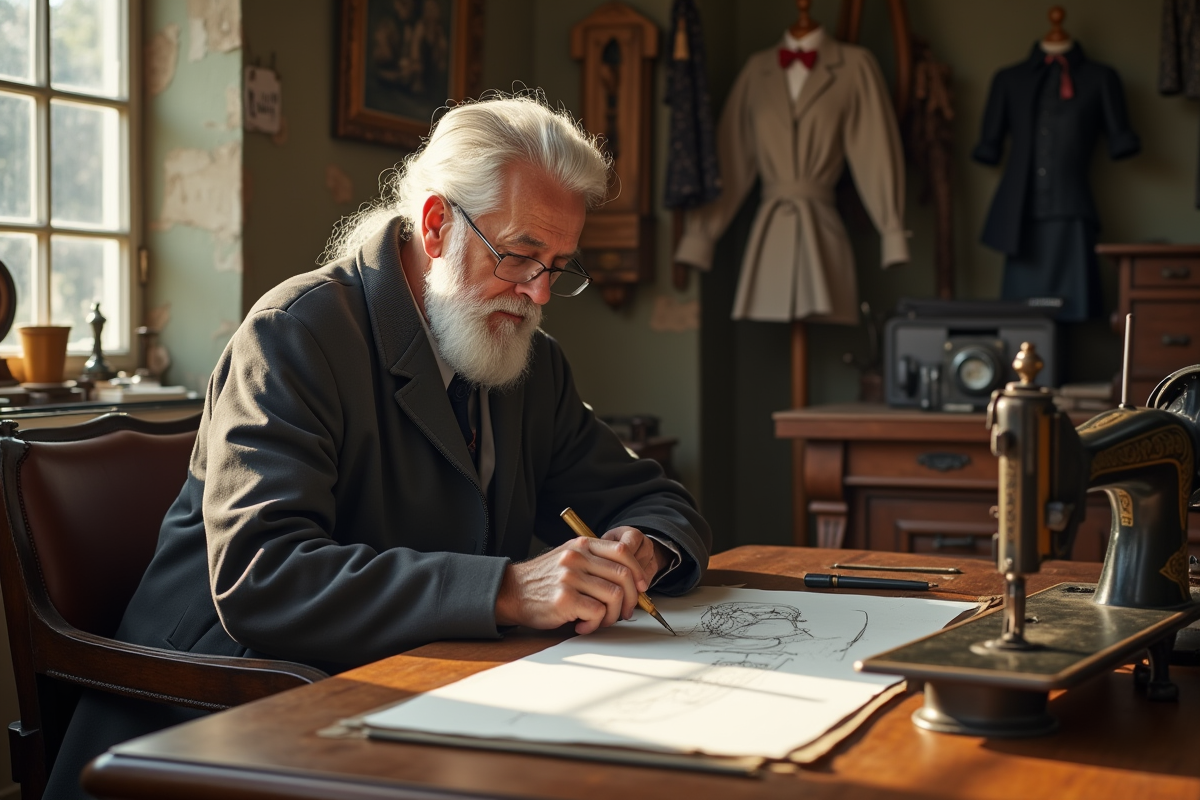 Tailleur âgé dans un atelier lumineux avec outils anciens