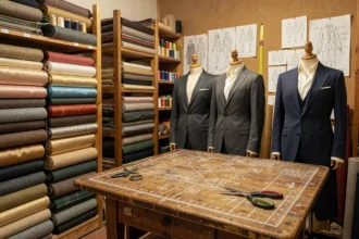 Atelier de tailleur artisanal dans la région du Rhône, avec tissus, formes de couture et table de coupe traditionnelle