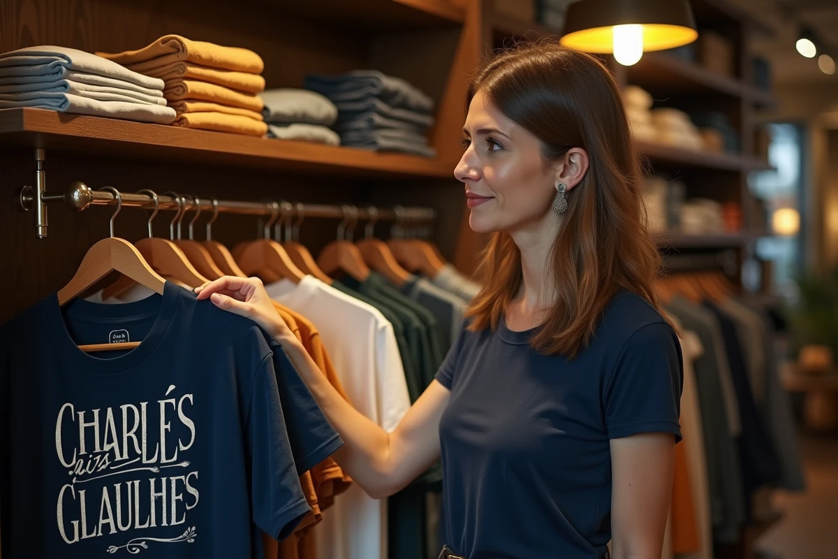 Femme choisissant un tee shirt Charles de Gaulle de qualité dans une boutique vintage parisienne