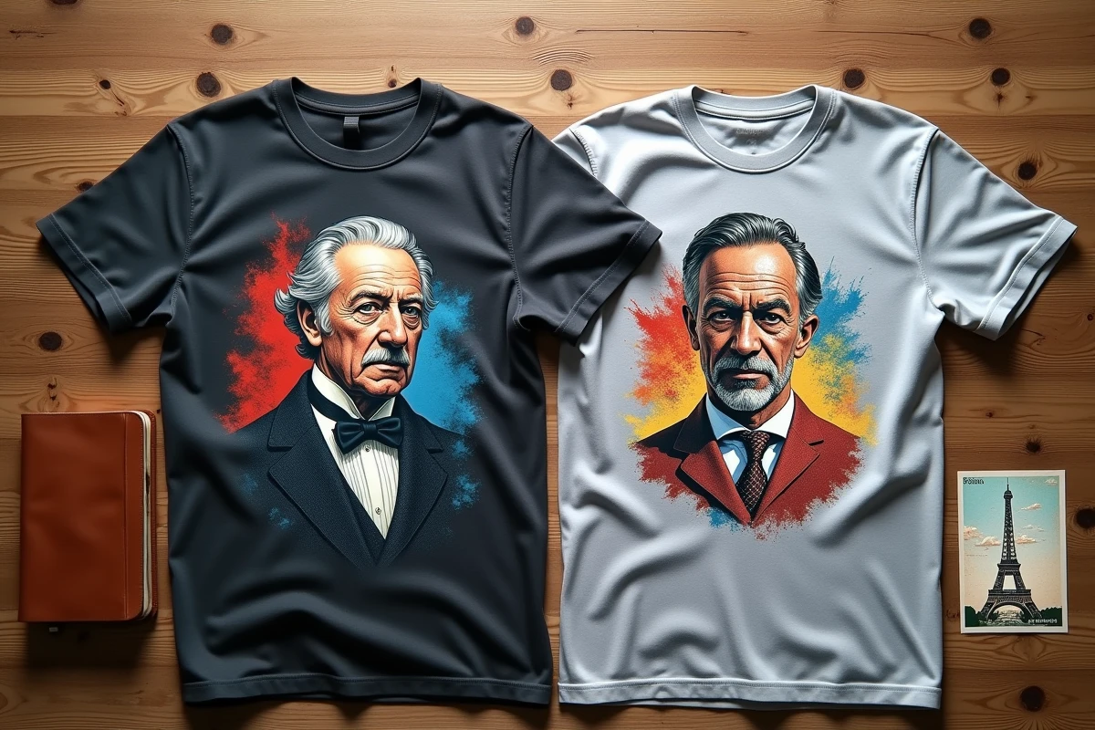 Comparaison à plat d'un tee shirt Charles de Gaulle élégant face à un modèle kitsch et touristique
