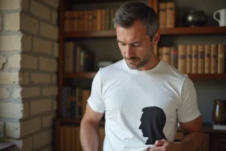 Homme portant un tee shirt Charles de Gaulle sobre et élégant dans un appartement parisien au style raffiné