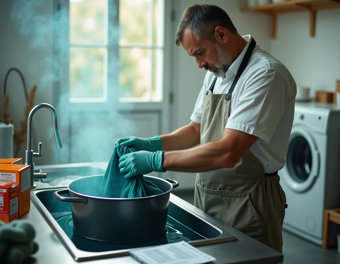 Homme teignant un tissu polyester dans un bain de teinture dans une buanderie avec plusieurs marques de teinture