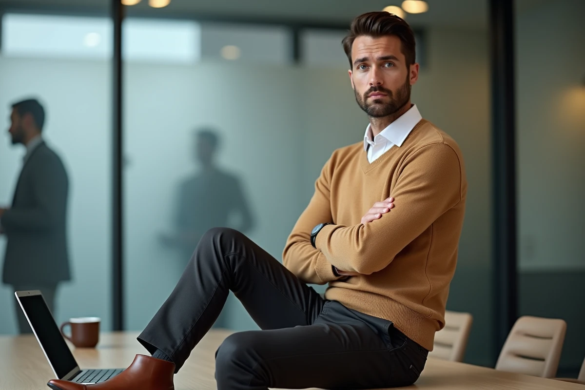 Homme en pull merino camel et chemise Oxford blanc dans une salle de réunion moderne, tenue capsule masculine élégante pour le bureau