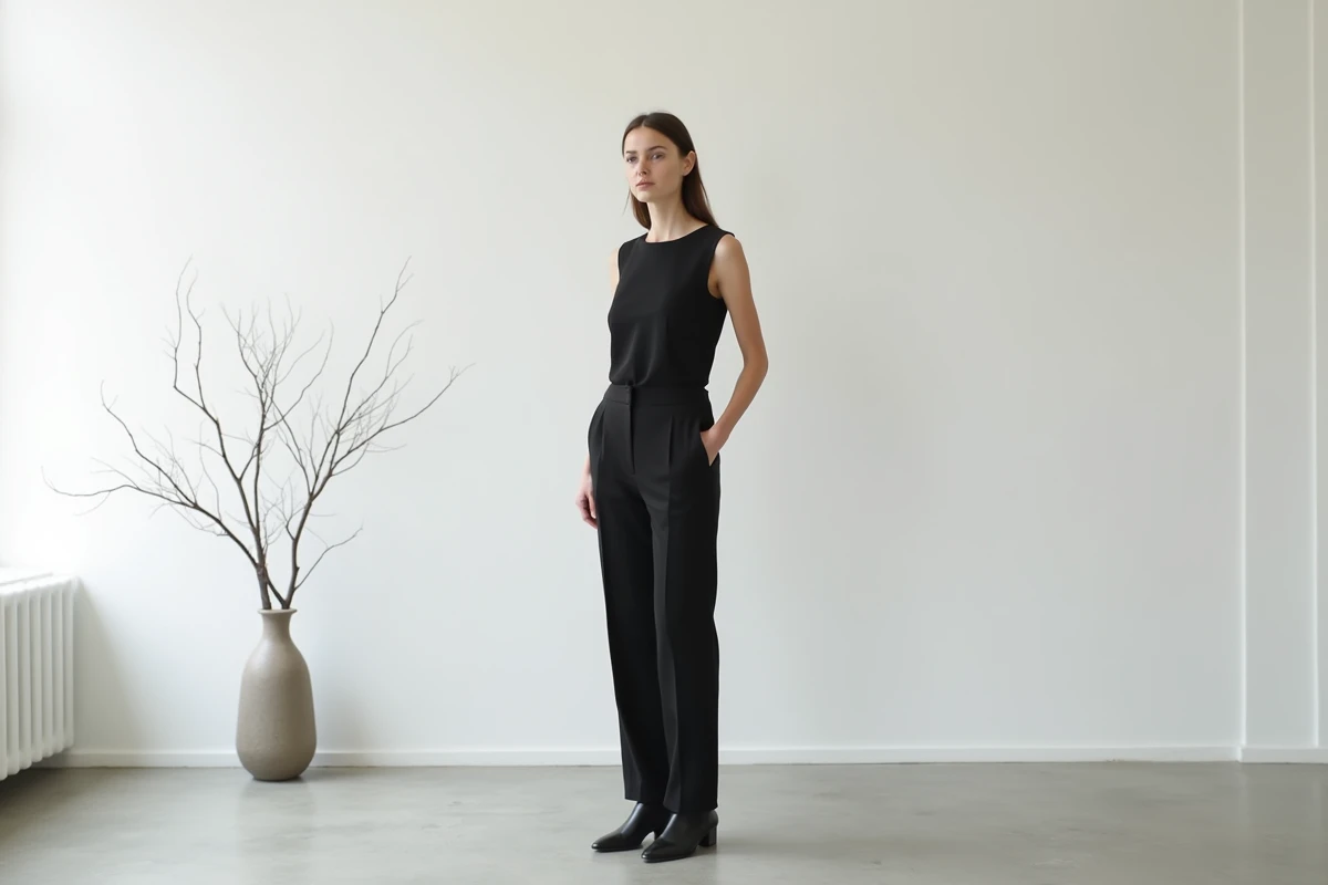Femme en tenue minimaliste noire pour le Nouvel An dans un appartement contemporain parisien