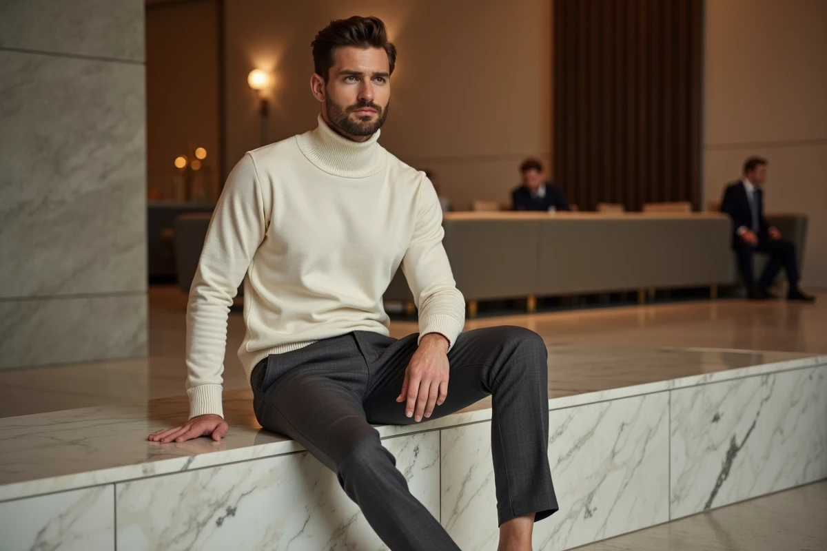 Homme en look minimaliste ivoire et gris anthracite pour le réveillon du Nouvel An