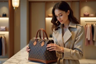 Femme examinant attentivement les détails d'un sac à main de luxe dans une boutique haut de gamme pour vérifier son authenticité