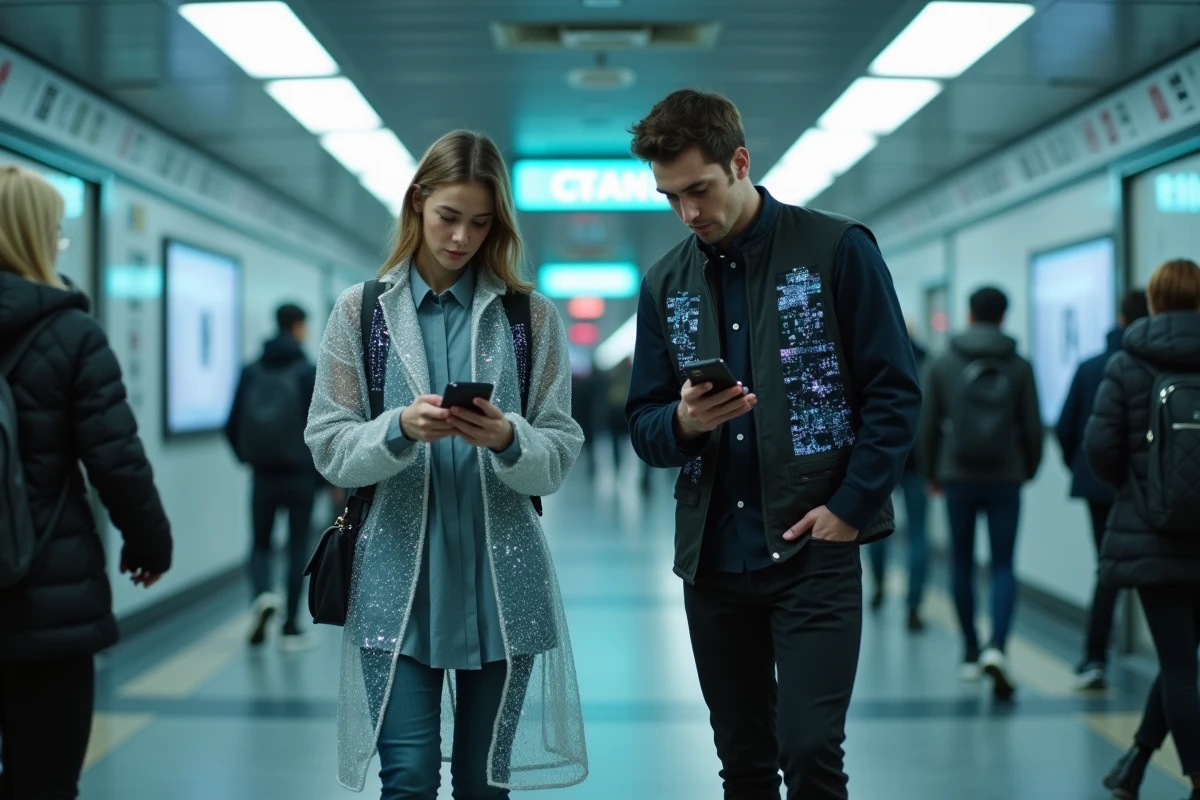 Deux amis portant des vêtements connectés et intelligents dans un couloir de métro animé, illustrant la mode électronique dans les transports urbains